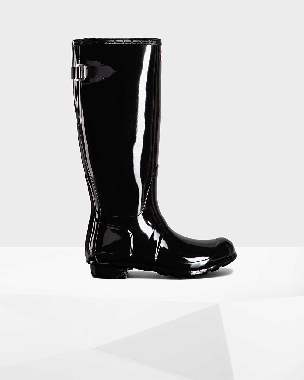 Hunter Women's Original Tall Back Adjustable Gloss Tall Wellington Boots Black,YFTG61790